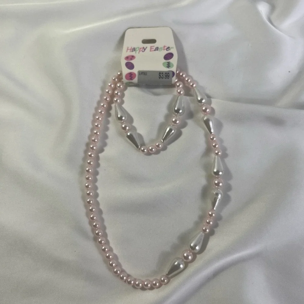 Vintage Happy Easter Girls Pink‎ Pearl Necklace With Bracelet New